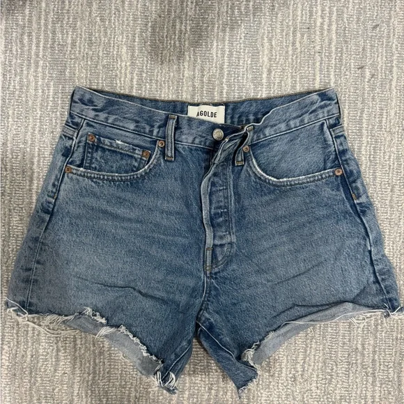 Agolde Parker Long High-Rise Light Blue Denim Shorts - Picture 2 of 4